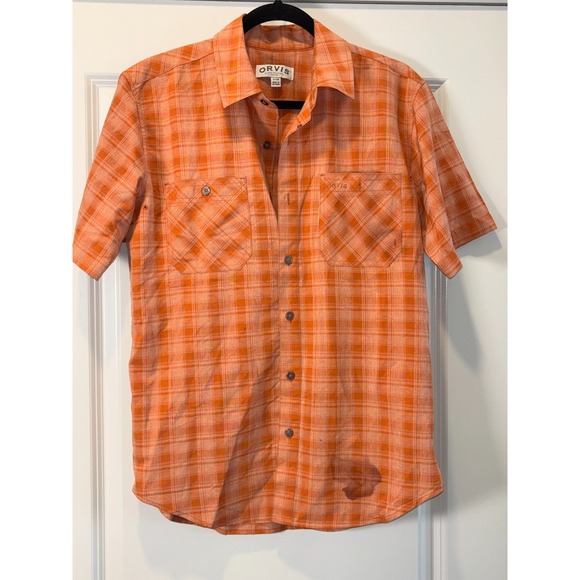 Orvis Other - Orvis Classic Tech Chambray Shirt Mens‎ Small Orange Plaid Workwear Button Up